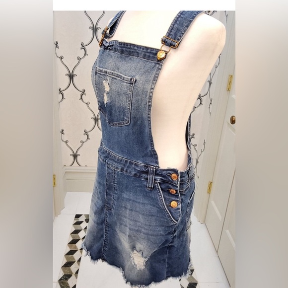 CELEBRITY PINK DISTRESSED DENIM OVERALL DRESS *like new* - Picture 9 of 12